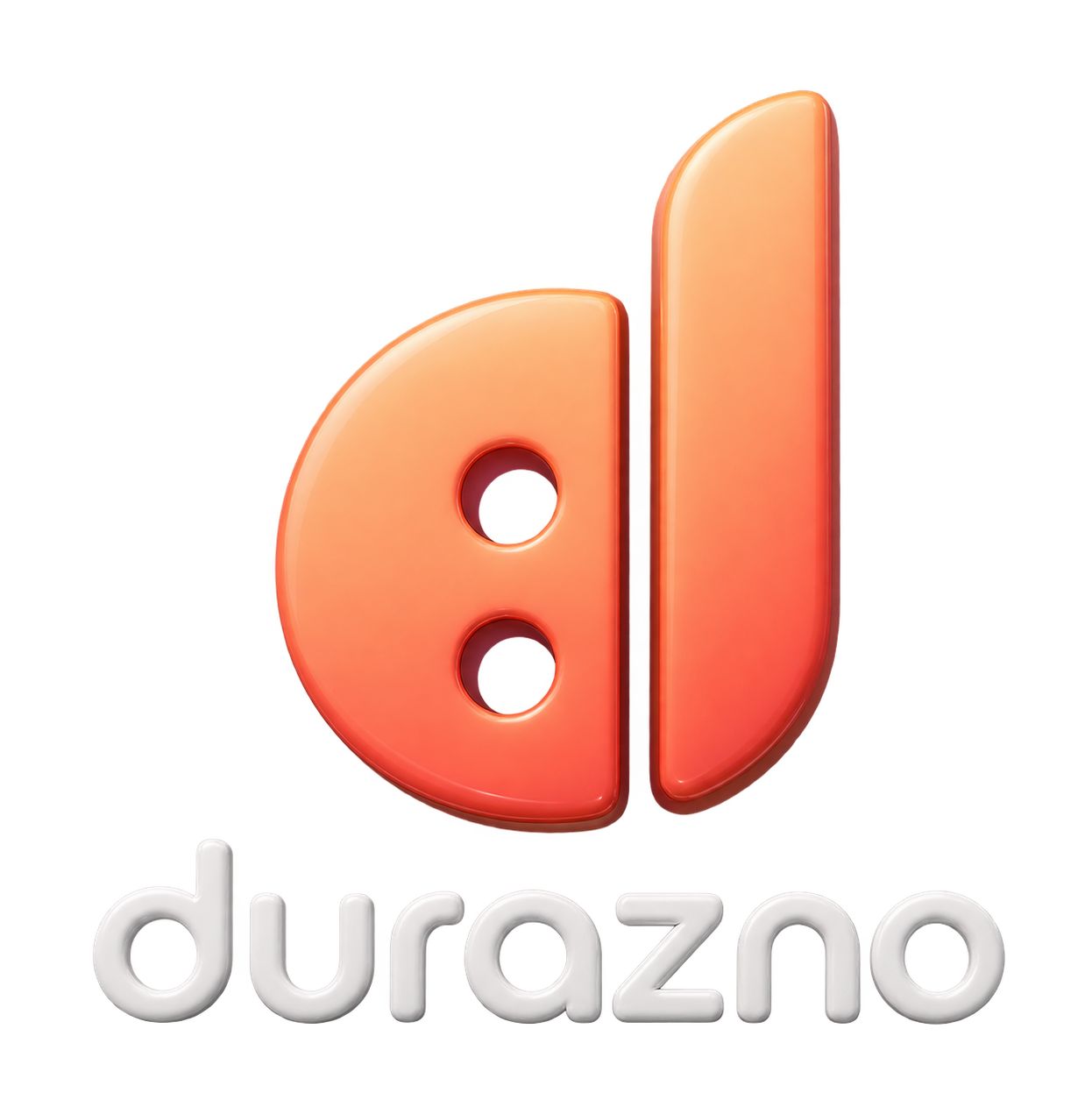 The Durazno logo file: a glossy lowercase d built from a half-peach with two seed holes and a stem, over the wordmark durazno