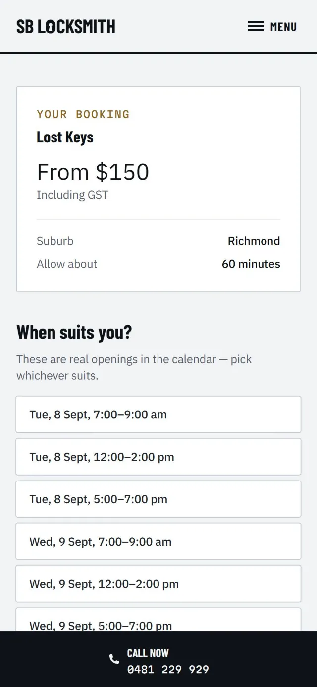 The booking screen: “When suits you?” with real calendar openings on Tuesday and Wednesday, and the customer details form.