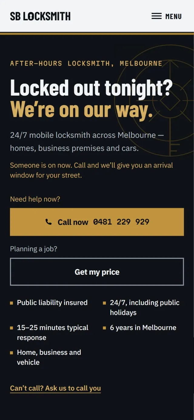 SB Locksmith home page on a phone: “Locked out tonight? We’re on our way”, with Call now and Get my price buttons.