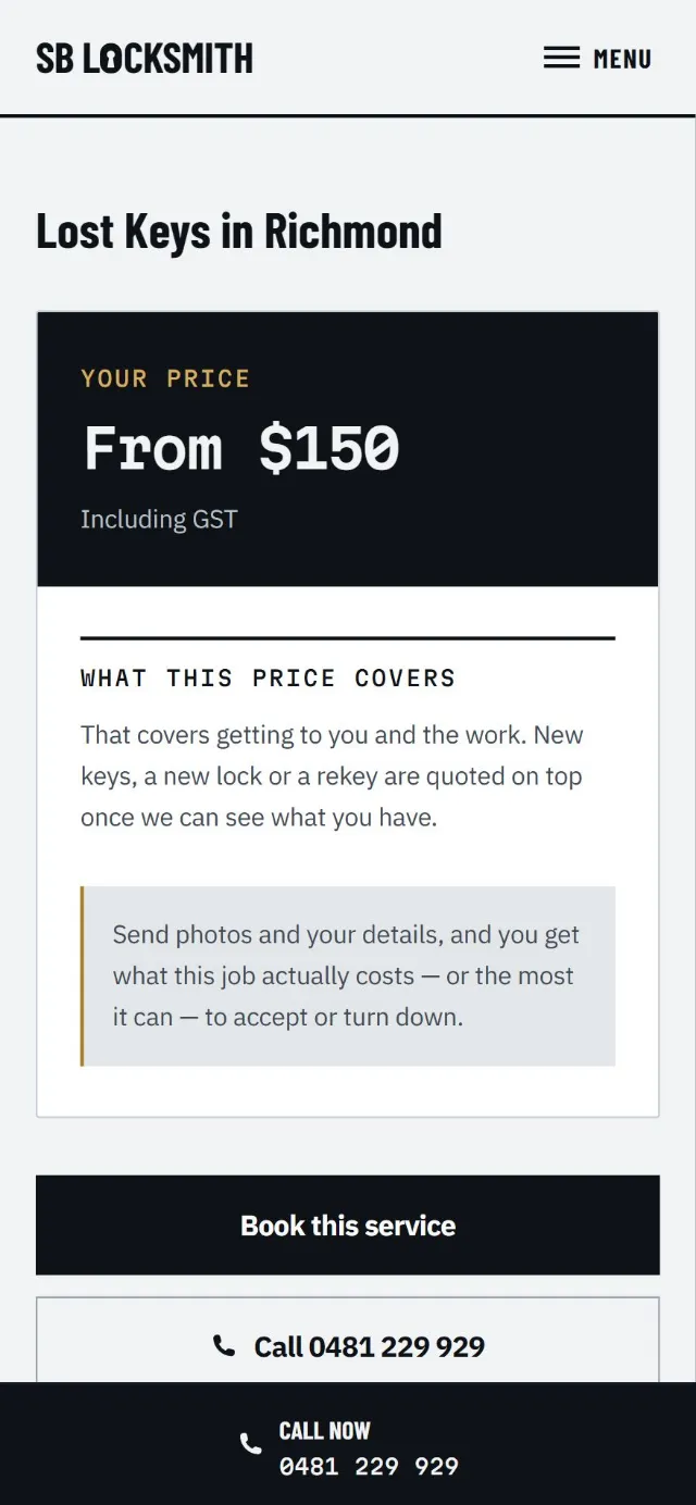 The price screen: “Lost Keys in Richmond — Your price: from $150”, what it covers, and a Book this service button.