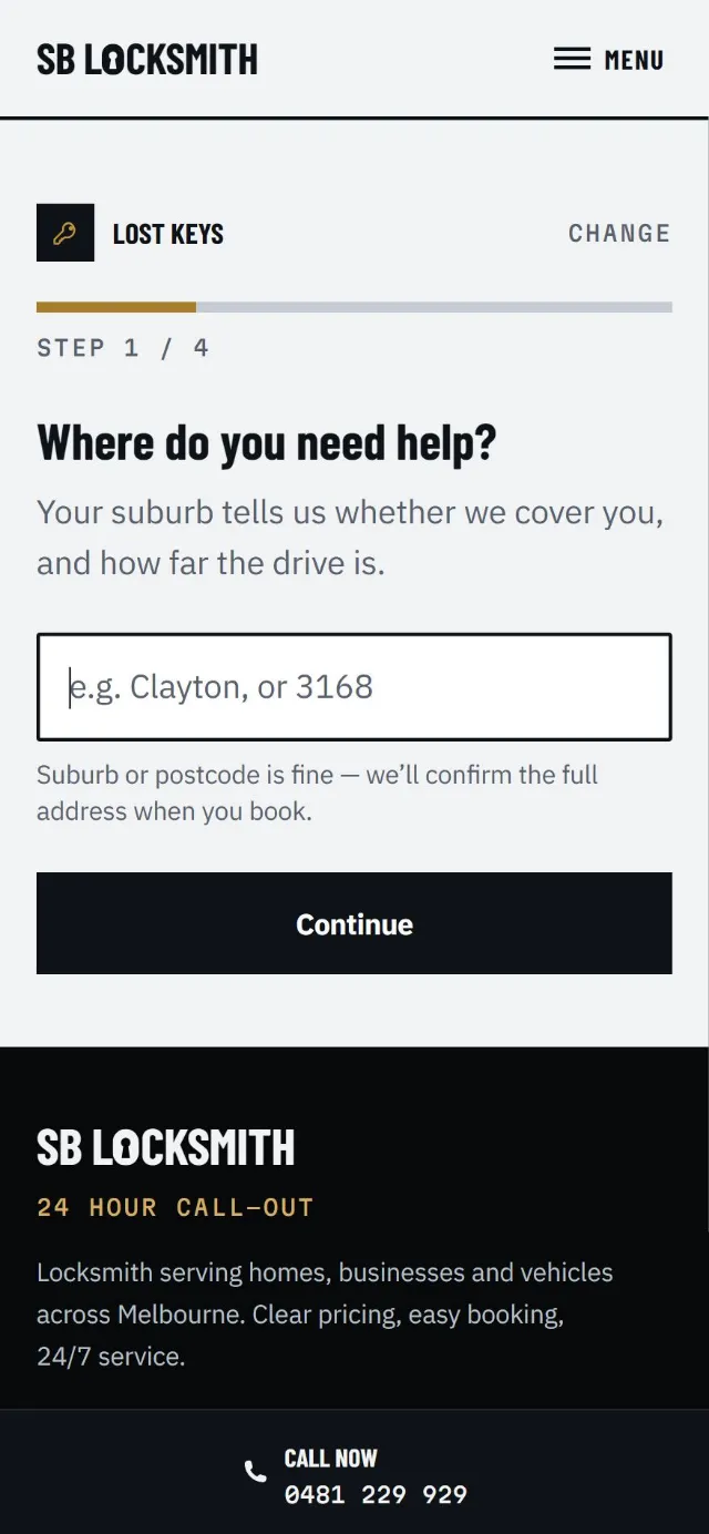 Step 1 of 4 of the guided quote: “Where do you need help?” with a suburb field and a Continue button.